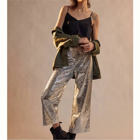 Anthropologie Pants - Anthropologie Porridge Lula silver sequin wide leg pants XS